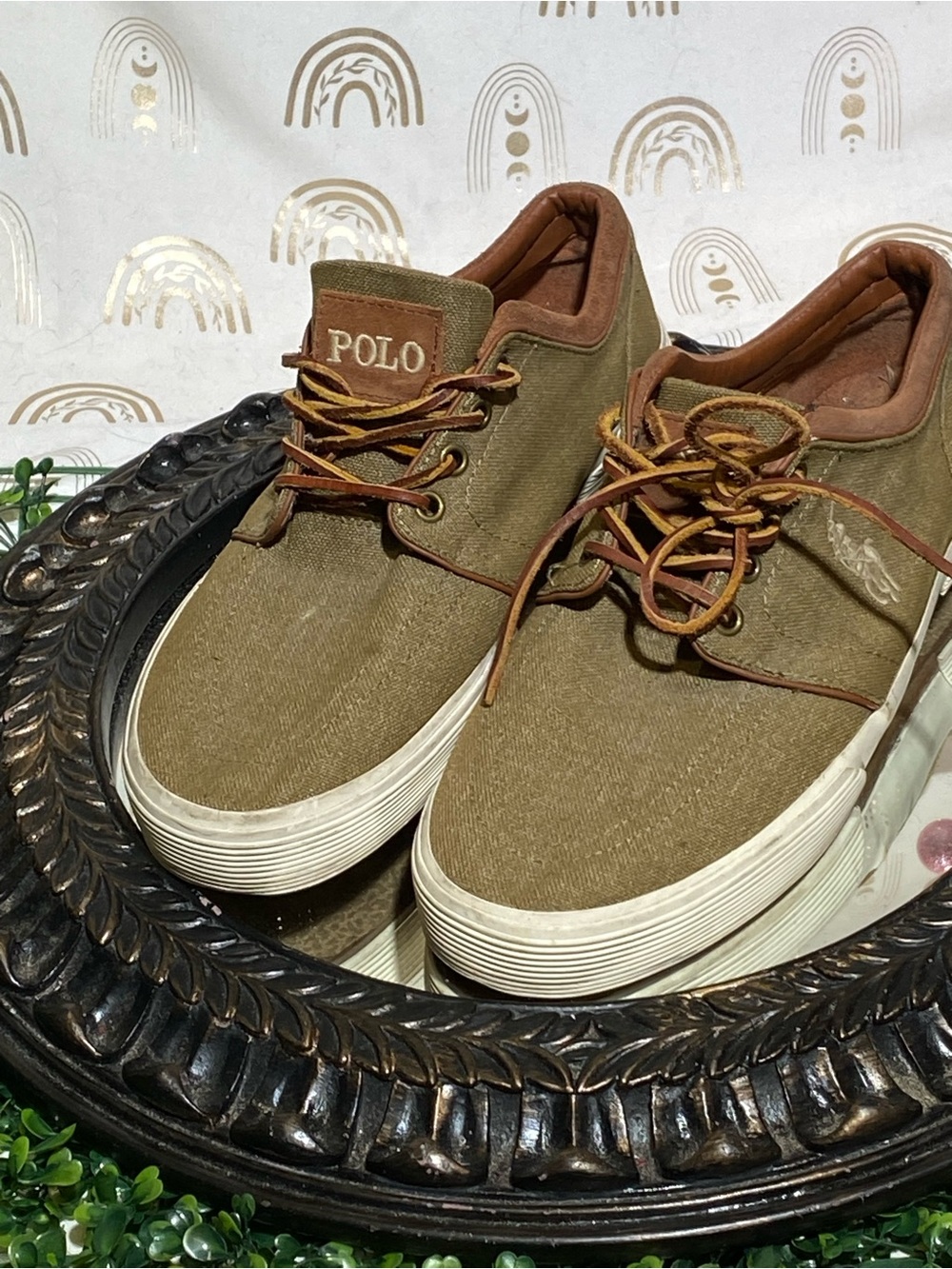 Ralph Lauren Olive Canvas Low-Top Sneakers with Brown Trim